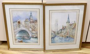 J.J.Phillips (19th / 20th. C), pair of watercolours, Bruges and Venetian canal scenes, signed and