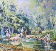 Kinrara Scott, oil on canvas board, river landscape with figures and donkeys, signed, 57 x 61cm