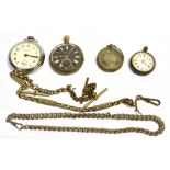 FOUR VINTAGE OPEN FACED POCKET WATCHES and two chains spares and repairs, no condition report