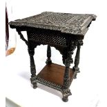 AN ANGLO-INDIAN/MOORISH CARVED HARDWOOD OCCASIONAL TABLE in the manner of Liberty's, the square