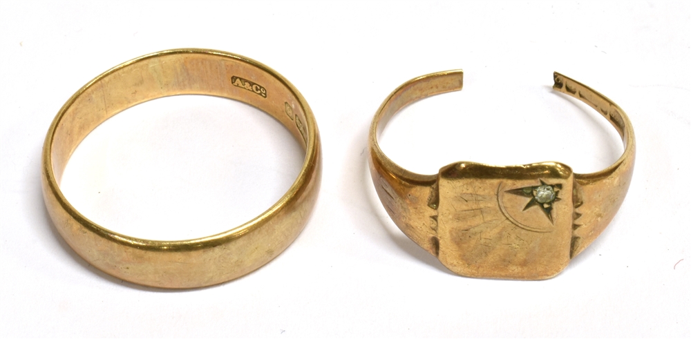 TWO RINGS a 9ct gold band ring, width 5mm, London hallmark, ring size W, weight 4.4g, and a yellow - Image 2 of 2