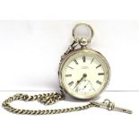 AN EDWARDIAN SILVER OPEN FACE POCKET WATCH WITH CHAIN The white enamel dial signed GROSE SWINDON,