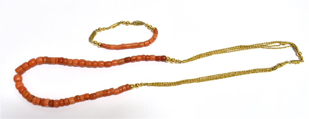 ARABIAN DEMI PARURE OF YELLOW METAL AND CORAL The necklace and bracelet comprising of yellow metal