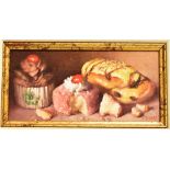 JOAN DENNER (CONTEMPORARY) The Cakes Oil on board Signed lower right 9.5cm x 20.5cm Condition Report