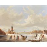 BERNARD PAGE (1928-1988) Dutch winter scene with figures skating Oil on canvas, together with