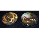 TWO PAPIER MACHE CIRCULAR LIDDED BOXES with painted lids, one of a sleeping hound with dead game,
