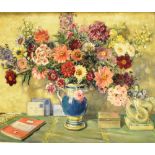 20TH CENTURY ENGLISH SCHOOL Floral Still Life with Penguin Paperback Oil on canvas 49.5cm x 60cm