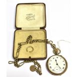 A SILVER OPEN FACED POCKET WATCH WITH CHAIN the anonymous dial with black Roman numerals,