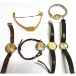 SIX VINTAGE WATCHES A 9ct rose gold cased wrist watch, the circular grey dial with black Arabic