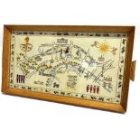 AN OAK FRAMED TEA TRAY inset with Festival of Britain embroidery, 59cm x 33cm Condition Report :