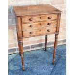 A 19TH CENTURY MAHOGANY OCCASIONAL TABLE fitted with two drawers, on ring turned supports with brass