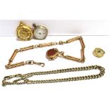 A COLLECTION OF WATCHES AND WATCH CHAINS A rose gilt metal chain with attached bloodstone spinner,