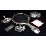 A COLLECTION OF SILVER, WHITE METAL AND METAL comprising a silver swan held small glass trinket pot,