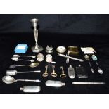 AN INTERESTING COLLECTION OF SILVER, EPNS AND METAL to include a silver candlestick, hexagonal base,