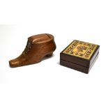 [TREEN] A TUNBRIDGEWARE STAMP BOX approx 4cm x 3.5cm, and a treen snuff box in the form of a shoe,
