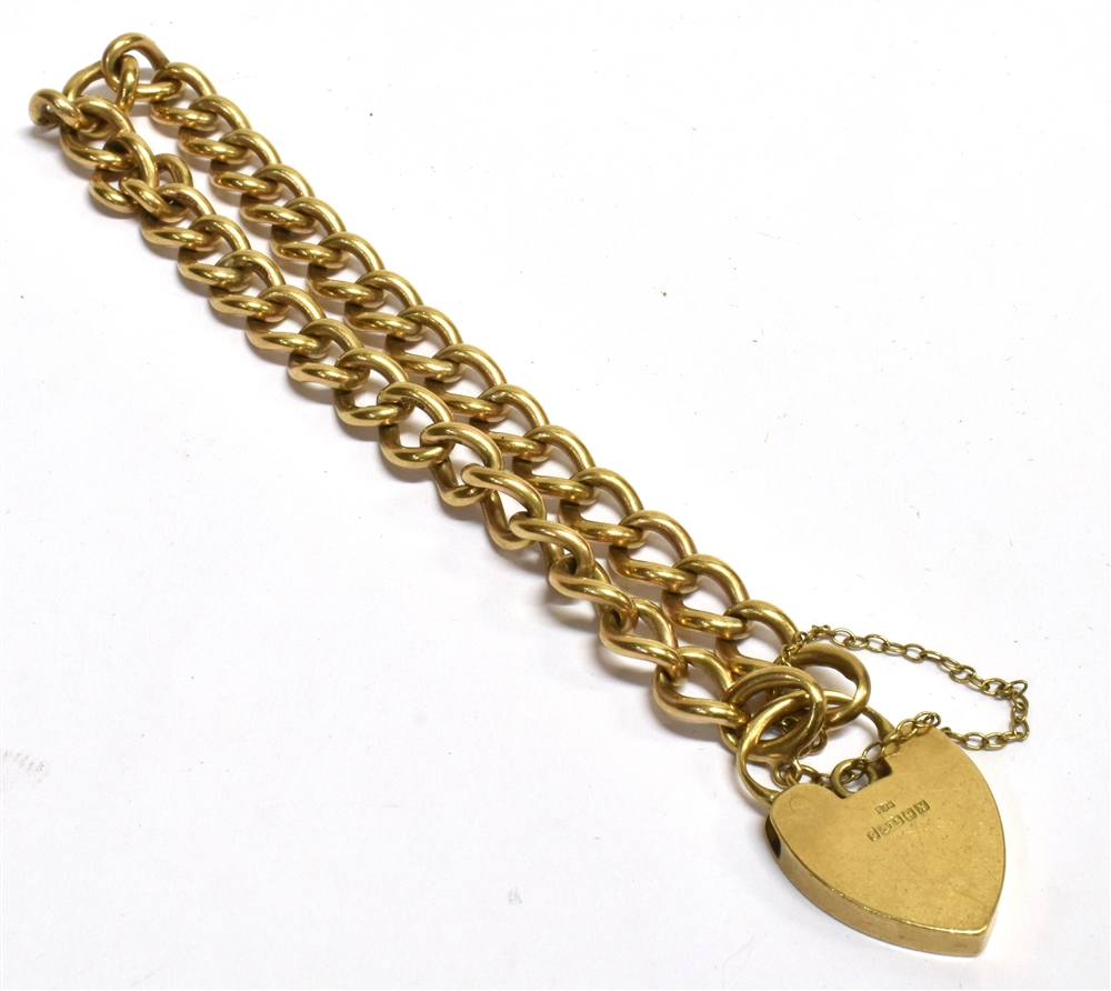A 9CT GOLD HEART PADLOCK CURB LINK BRACELET and safety chain, chain width 6mm, weight 21g - Image 2 of 2