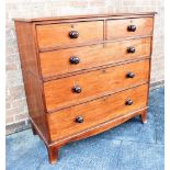 A VICTORIAN MAHOGANY CHEST OF TWO SHORT AND THREE LONG DRAWERS on splayed bracket feet, 114cm wide
