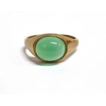 A 9CT GOLD BOULE RING the ring set with a central green glass boule, Birmingham hallmark, ring