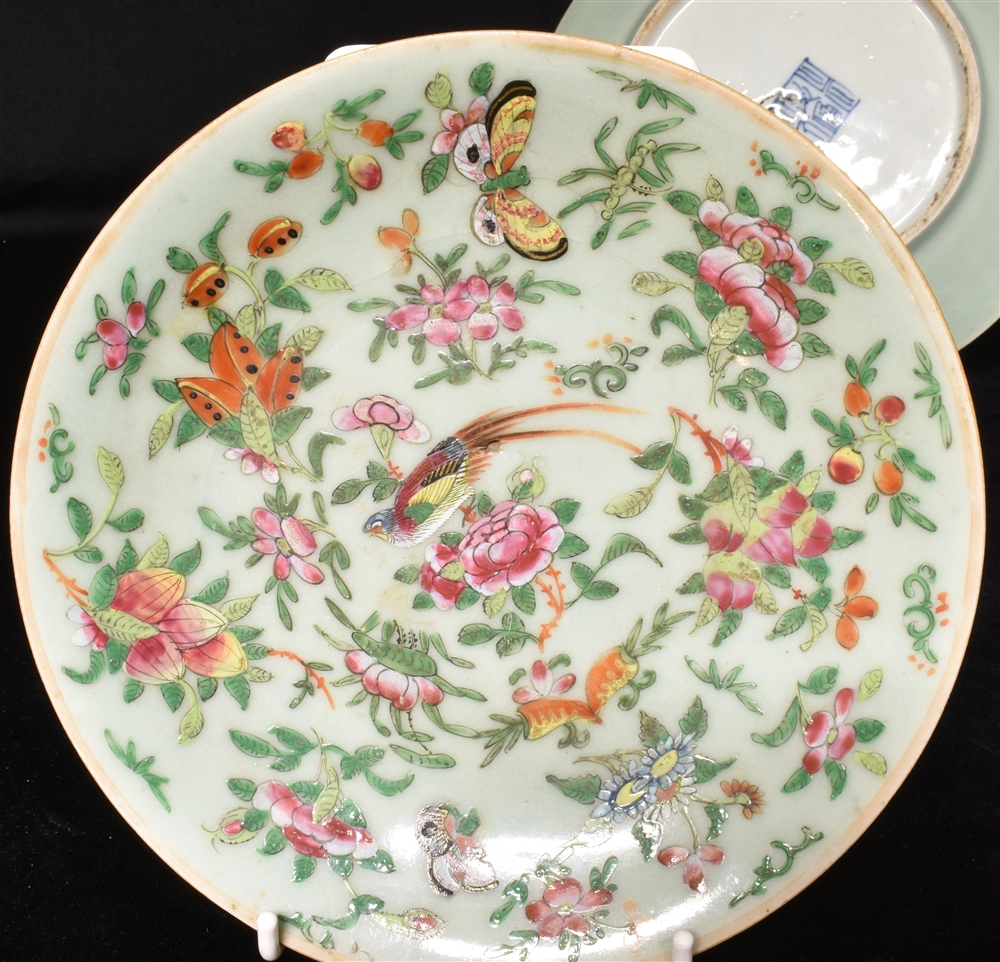 TWO CHINESE PLATES decorated with birds, butterflies and blossoming branches on a celadon ground, - Image 4 of 6