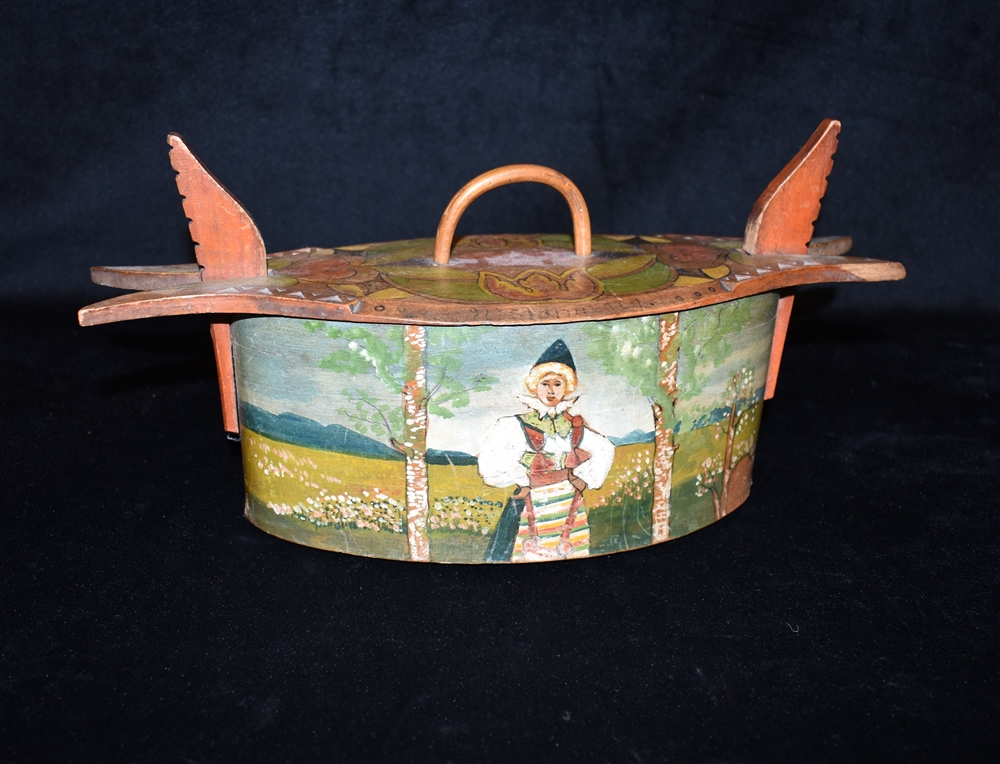A SCANDINAVIAN BENTWOOD TINE BOX with painted decoration, 32cm wide; and a Kashmiri bowl 30cm wide