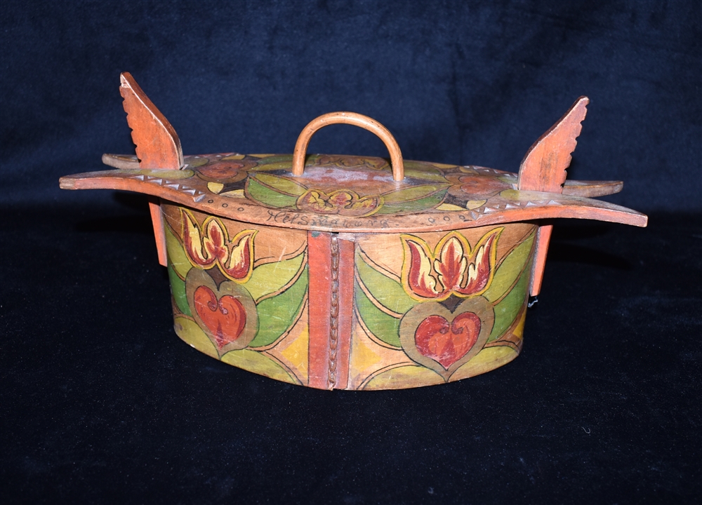 A SCANDINAVIAN BENTWOOD TINE BOX with painted decoration, 32cm wide; and a Kashmiri bowl 30cm wide - Image 2 of 5