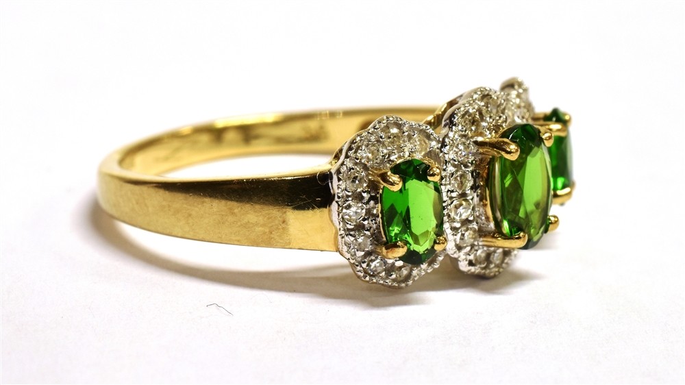 QVC 9CT GOLD, DIAMOND GEM SET TRILOGY RING The ring set with three green graduated oval gemstones in - Image 2 of 4