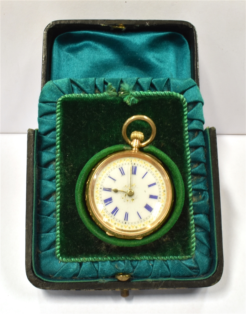 CASED MARKED 14K OPEN FACE POCKET WATCH White anonymous dial, blue Roman numerals, gilt batons and