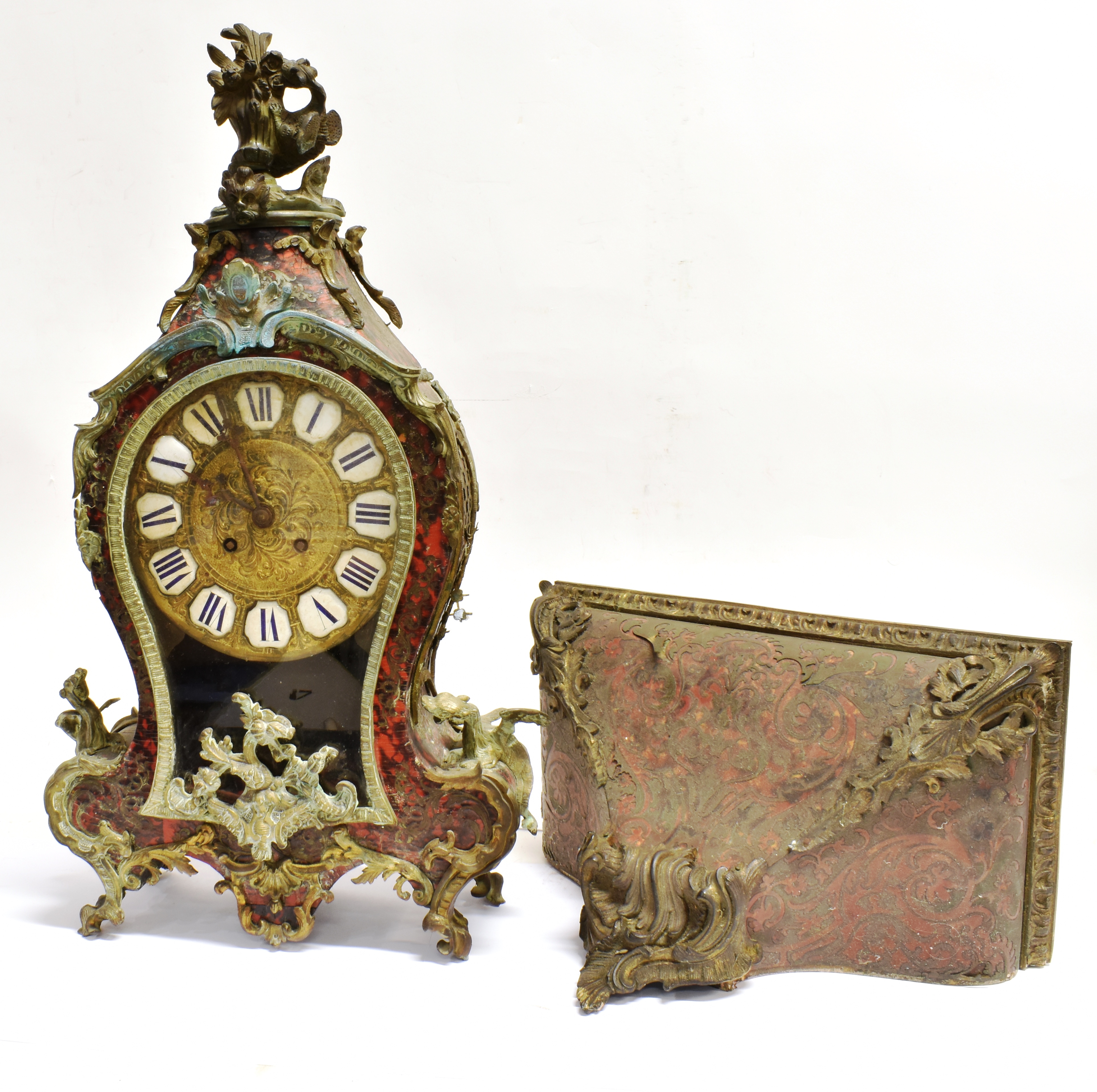 A LARGE 19TH CENTURY FRENCH GILT METAL MOUNTED BOULLE BRACKET CLOCK with Roman numeral enamel