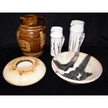 STUDIO POTTERY: a mixed collection comprising glazed terracotta jug, bowl, vase and two graduated