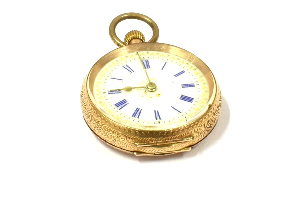 CASED MARKED 14K OPEN FACE POCKET WATCH White anonymous dial, blue Roman numerals, gilt batons and - Image 2 of 3