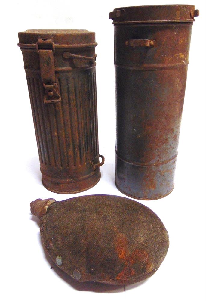 MILITARIA - TWO GERMAN GAS MASK HOLDERS one with original spring catch to the lid, the largest 30.