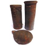 MILITARIA - TWO GERMAN GAS MASK HOLDERS one with original spring catch to the lid, the largest 30.