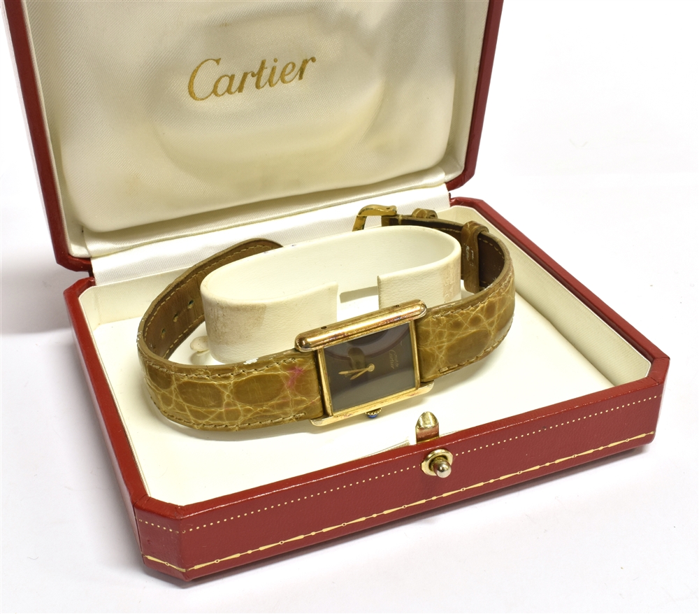 MUST DE CARTIER TANK WRISTWATCH (BOXED) Vintage manually wound, Dial; dark burgundy brown, gilt - Image 2 of 5