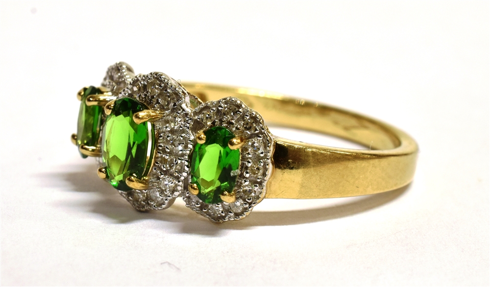QVC 9CT GOLD, DIAMOND GEM SET TRILOGY RING The ring set with three green graduated oval gemstones in - Image 3 of 4