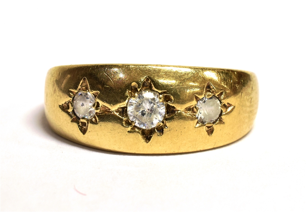 9CT GOLD PASTE SET GYPSY RING The ring set with three star set clear paste stones, worn 375 hallmark