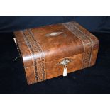 A VICTORIAN WALNUT WORKBOX with bands of parquetry inlaid decoration, 30cm wide 23cm deep 13cm