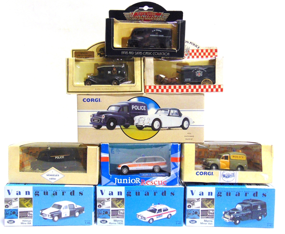 TEN DIECAST MODEL POLICE VEHICLES many 1/43 scale, by Corgi (3), Vanguards (3) and others, each mint