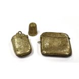 TWO SILVER VESTA CASES AND A SILVER THIMBLE both vesta cases with all over engraved pattern with