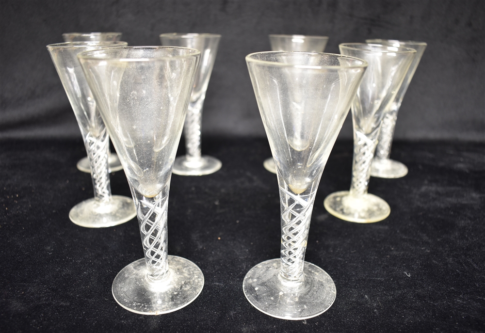 A SET OF EIGHT WINE GLASSES with trumpet shaped bowls and air twist stems, 15cm high Condition - Image 2 of 3