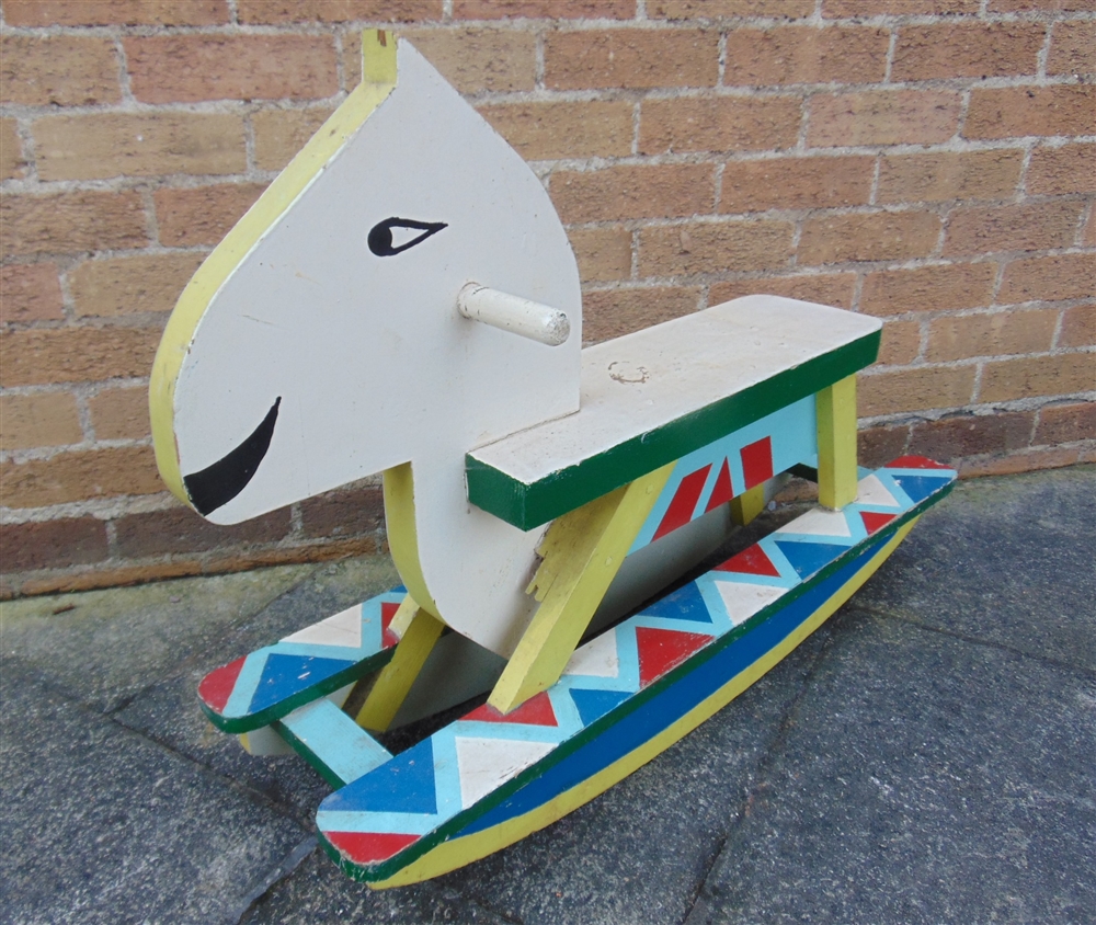 A PAINTED WOOD ROCKING HORSE on shallow bow rockers, overall 91cm long. - Image 2 of 3