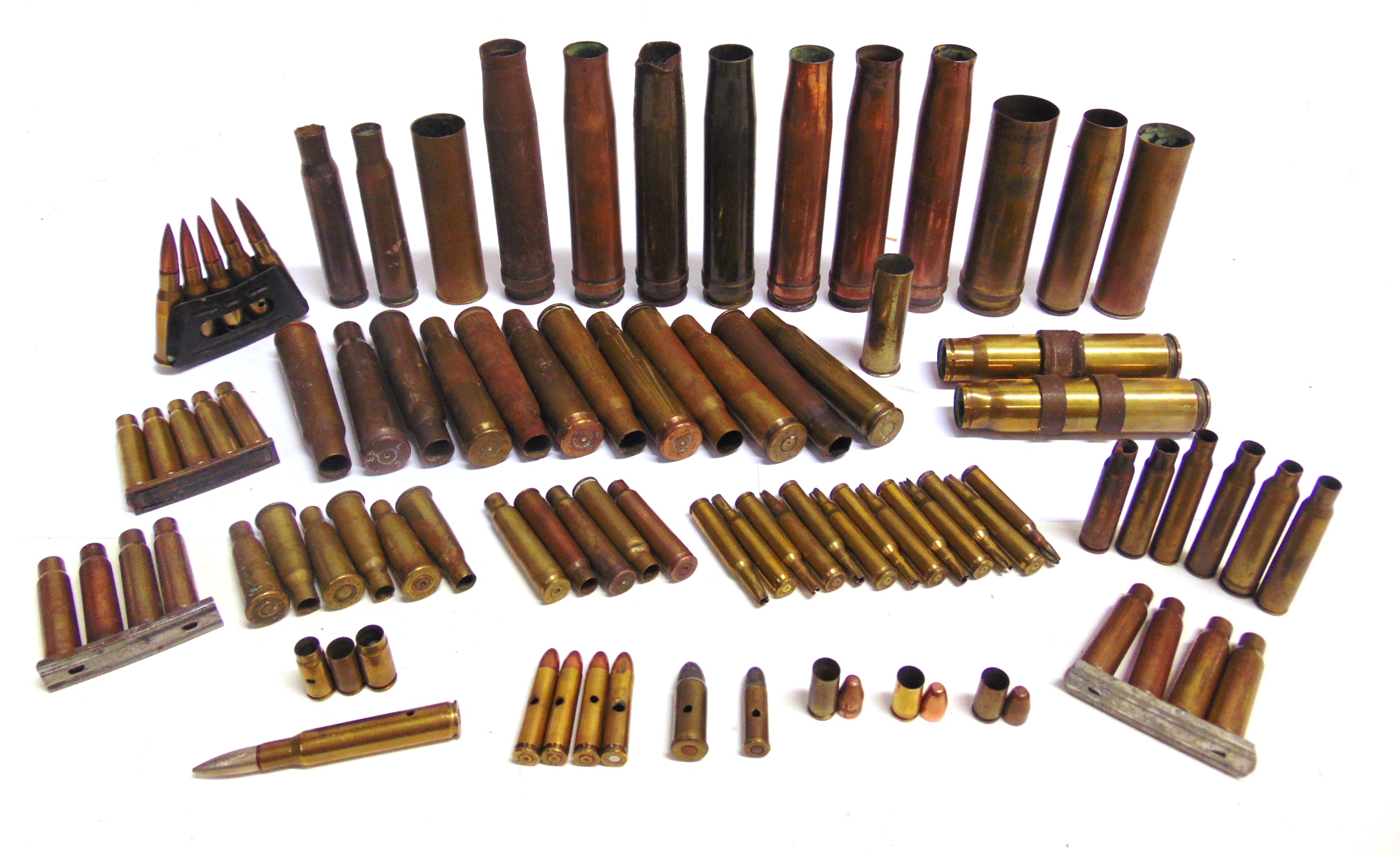 MILITARIA - ASSORTED BRASS SHELL & SMALL ARMS AMMUNITION CASES (all inert), some on clips, (