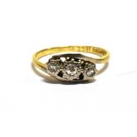 RETRO 18CT & PLAT ILLUSION SET DIAMOND THREE STONE RING Maker mark A.Bros, ring size K ½, weight 2g