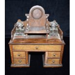 A VICTORIAN OLIVEWOOD 'APPRENTICE PIECE' DESK STAND fitted with two inkwells, 24cm wide Condition