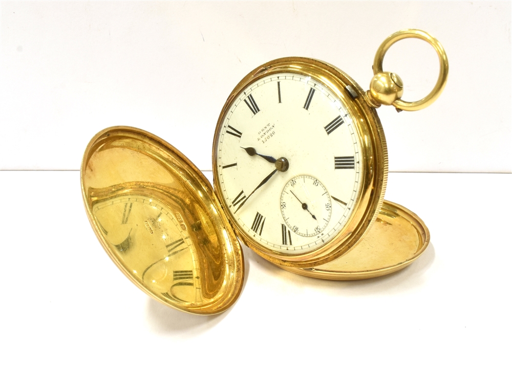 A MID VICTORIAN 18CT GOLD DENT LONDON FULL HUNTER POCKET WATCH (key wound) the signed white enamel