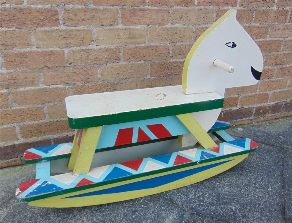 A PAINTED WOOD ROCKING HORSE on shallow bow rockers, overall 91cm long. - Image 3 of 3