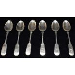 SIX VICTORIAN EXETER SILVER TEA SPOONS Fiddle pattern, monogrammed initials to the handles,