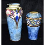 TWO ROYAL DOULTON SALTGLAZE STONEWARE VASES of baluster form, with floral decoration on a blue