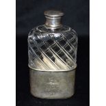 VICTORIAN SILVER MOUNTED GLASS HIP FLASK With a detachable silver plated cup with monogrammed