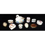 A ROYAL CROWN DERBY IMARI PALETTE SWAN PAPERWEIGHT a group of a assorted trinket boxes, and a