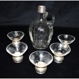 SILVER MOUNTED GLASS WHISKEY JUG Together with five small 925 stand glass bowls, the jug with